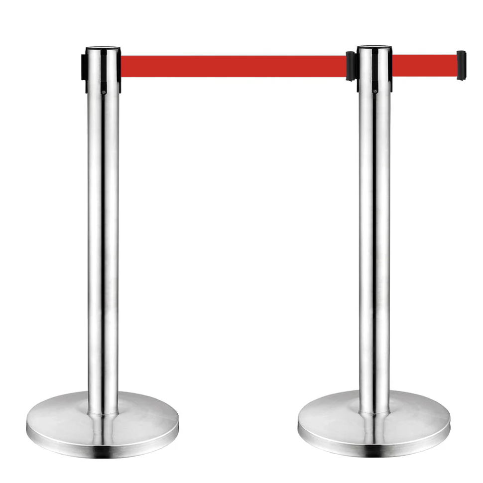 SET 2 stâlpi inox pentru delimitare, grosime 1mm, bandă retractabilă ROȘIE 3 metri