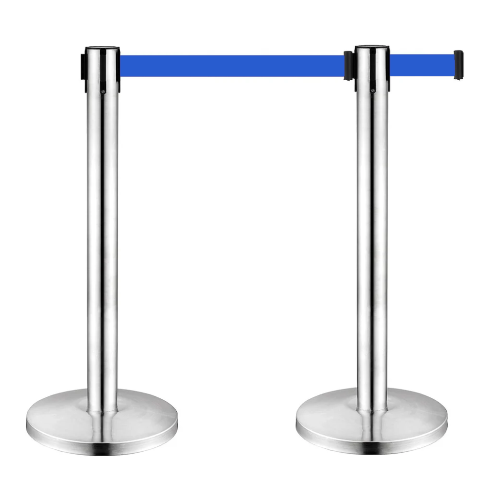 SET 2 stâlpi inox delimitare cu bandă retractabilă ALBASTRĂ, Grosime Oțel 1mm