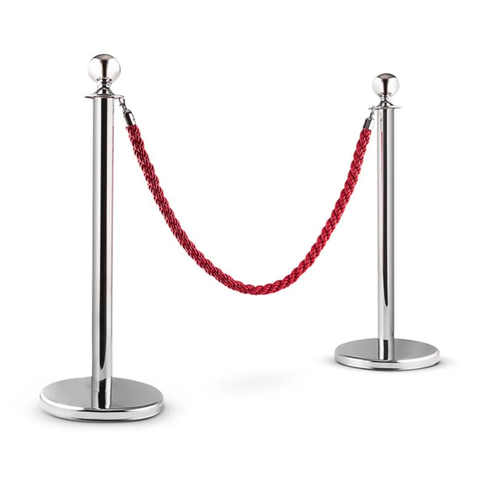 SET 2 Stâlpi premium delimitare argintii cu cordon împletit roșu de 1.5 metri